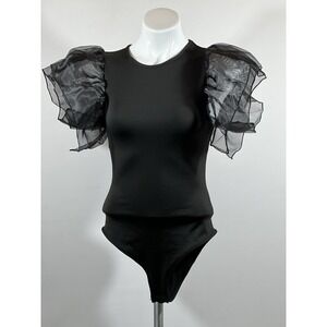 Women's Black Bodysuit Ruffle Trim Sleeves Stretch Size M